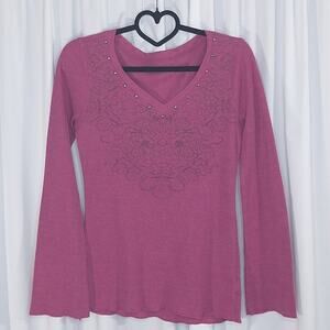 Pink Ribbed V Neck Top Medium Studded Floral Long Sleeve Stretch Y2K Feminine